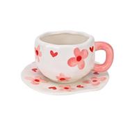 Koythin Tasse à café en céramique avec soucoupe, mignon, créatif, tasse à fleur rose, design irrégulier unique pour bureau et maison, 10 oz/300 ml pour latte, thé, lait