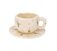 Koythin Tasse à café en céramique avec soucoupe, motif floral de tulipe rose, design irrégulier unique pour le bureau et la maison, 300 ml pour latte, thé, lait