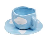Koythin Tasse à café en céramique avec soucoupe, tasse à café mignonne en forme de nuage et tasse pour le bureau et la maison, bleu ciel et nuages blancs, 300 ml pour latte, thé, lait