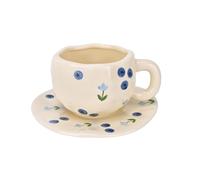 Koythin Tasse à café en céramique avec soucoupe, tasse créative mignonne et créative en forme de fleur de myrtille, design irrégulier pour le bureau et la maison, 300 ml pour latte, thé, lait