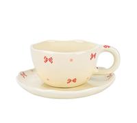 Koythin Tasse à café en céramique avec soucoupes, fleurs faites à la main, jolie tasse pour fille et femme, tasse esthétique avec poignée, pour latte, cacao, bureau, maison (joli nœud)