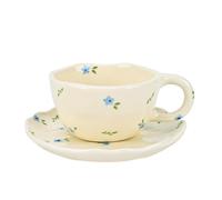 Koythin Tasse à café en céramique avec soucoupes, motif fleurs faites à la main, jolie tasse pour fille et femme, tasse esthétique avec poignée, pour latte, cacao, bureau, maison (fleurs bleues)