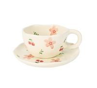 Koythin Tasse à café en céramique avec soucoupes, tasses à fleurs faites main, jolie tasse pour filles et femmes, tasse esthétique pour thé et lait avec poignée, 250 ml pour latte, cacao, bureau