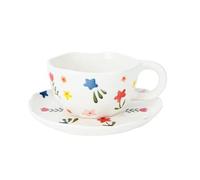 Koythin - Tasse à café en céramique avec soucoupes, tasses à fleurs faites main, jolie tasse pour filles et femmes, tasse à thé et lait esthétique avec poignée, 250 ml pour latte, cacao, bureau