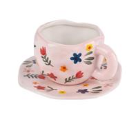Koythin Tasse à café en céramique, jolie tasse rose pour femme avec soucoupe pour le bureau et la maison, passe au lave-vaisselle et au micro-ondes, 300 ml pour latte, thé, lait (floral)