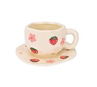 Koythin Tasse à café en forme de fleur de fraise, soucoupe incluse, design irrégulier unique, 300 ml pour latte, thé, lait, idéale pour bureau et maison