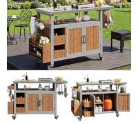 kozamas Armoire de jardin résistante aux intempéries avec roulettes et plan de travail extensible en acier inoxydable - Chariot de service pour barbecue, en bois massif pour terrasse, balcon et jardin