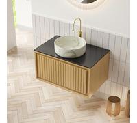 kozamas Armoire de salle de bain suspendue avec bac rond blanc - Meuble mural avec tiroir et plaque en pierre frittée - Noir