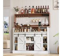 kozamas Bar à café, 120 x 40 x 130 cm, avec prises et porte-verres, buffet style maison de campagne, blanc + naturel, armoire de cuisine avec portes coulissantes, armoire de buffet pour salon