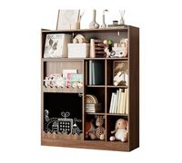 kozamas Bibliothèque pour enfant, avec tableau à peindre et porte coulissante, à 9 compartiments, étagère sur pied, stable, 120 x 38,5 x 151,5 cm, aspect bois de noyer