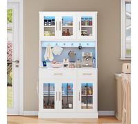 kozamas Buffet de cuisine style maison de campagne avec application LED et prise, 6 portes, 2 tiroirs et étagères réglables, blanc/doré, 180 cm, pour cuisine et salon