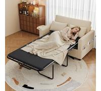 kozamas Canapé-lit 2 places extensible avec housse en velours côtelé, port de charge USB-C et USB-A, table latérale pliable, matelas, 2 draps et 2 coussins, beige, 134 x 82 x 84 cm, pour salon et