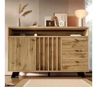 kozamas Commode 120 x 40 x 85 cm avec 3 tiroirs et 2 portes, armoire de rangement avec façade à lamelles, compartiment ouvert, style vintage, chêne foncé, pour salon, salle à manger, couloir