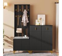kozamas Ensemble de 2 vestiaires, armoire à chaussures haute avec banc, design noir et or, portes ondulées, fermeture amortie, pour couloir et couloir