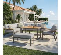 kozamas Ensemble de meubles de jardin 8 places : salon de jardin modulaire d'extérieur avec rembourrage de 10 cm - Banc d'angle en forme de L avec table WPC en rotin tressé à la main - Meubles de