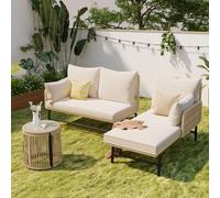 kozamas Ensemble de meubles de jardin en forme de L - Meuble de salon d'extérieur avec fonction couchage et rembourrage de 8 cm - Groupe d'angle avec 2 places, rotin tressé à la main - Salon résistant