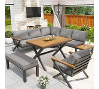 kozamas Ensemble de meubles de jardin lounge modulaires avec design moderne en X et cadre en métal robuste, coussins en mousse hautement élastique de 10 cm d'épaisseur, pieds réglables, table en bois