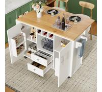kozamas îlot de cuisine avec plan de travail pliable, chariot de cuisine et armoire de buffet, 138 x 73 (45) x 93 cm, 5 roulettes, étagère à vin et étagère à épices, blanc, idéal pour les petites