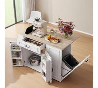 kozamas Îlot de cuisine avec prise, plan de travail pliable extensible pour table à manger - Chariot de cuisine avec tiroir et compartiments, 110 x 40 (70) x 90 cm, mobile avec roulettes, blanc