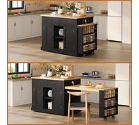 kozamas Îlot de cuisine mobile avec table à manger extensible pour 4 à 5 personnes, îlot de cuisine mobile sur roulettes avec plan de travail et espace de rangement, utilisable comme table de bar ou