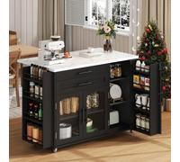 kozamas Îlot de cuisine noir sur roulettes avec plan de travail pliable, chariot de cuisine mobile comme chariot de service, 2 tiroirs et étagère à épices, autoportant, MDF noir, 120 x 45 (70) x 90 cm