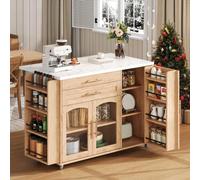 kozamas Îlot de cuisine sur roulettes aspect bois avec plan de travail pliable, chariot de cuisine mobile comme chariot de service, 2 tiroirs et étagère à épices, autoportant, MDF naturel, 120 x 45