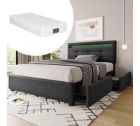kozamas Kit complet lit simple avec éclairage LED et matelas, lit capitonné de 90 x 200 cm, avec 2 tiroirs et tête de lit réglable en hauteur, cadre de lit avec matelas à ressorts à 7 zones - Gris