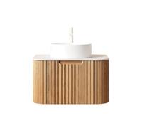 kozamas Lavabo de salle de bain suspendu de 61 cm avec bac en céramique blanche, pré-monté, avec tiroir, plaque de pierre frittée Carrare, avant incurvé, grain de bois naturel