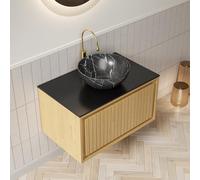 kozamas Lavabo suspendu de 61 cm avec bac en céramique noire - Armoire de salle de bain flottante avec tiroir à fermeture douce et plaque en pierre frittée