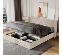 kozamas Lit capitonné, 160 x 200 cm, blanc, design Chesterfield, avec tête de lit haute et espace de rangement hydraulique, en velours rembourré, élégant (cadre de lit sans matelas)