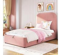 kozamas Lit d'enfant, 90 x 200 cm, avec espace de rangement hydraulique, lit simple rembourré, avec tête de lit en velours et sommier à lattes, lit rembourré, pour chambre d'enfant, rose