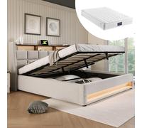 kozamas Lit double capitonné 140 x 200 cm avec matelas, éclairage LED et port USB, cadre de lit au design scandinave, avec espace de rangement, en lin beige pour un sommeil réparateur