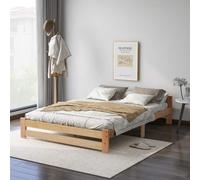 kozamas Lit futon et lit simple en bois de pin massif avec tête de lit, cadre de lit avec sommier à lattes naturel, 140 x 200 cm, lit en bois pour chambre d'amis et d'adolescent