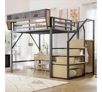 kozamas Lit mezzanine, 140 x 200 cm, multifonction, avec barrière de sécurité, sommier à lattes, montage facile, lit simple, pour chambre d'enfant, noir