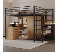 kozamas Lit mezzanine, 140 x 200 cm, multifonction, avec escalier intégré et espace de rangement sous le lit, lit simple avec rangement spacieux, protection anti-chute, pour chambre multiple, noir