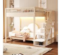 kozamas Lit mezzanine, 140 x 200 cm, multifonction, en bois, avec LED, compartiments de rangement et design réversible, lit simple, pour adultes, chambre à coucher et espace de travail, couleur bois