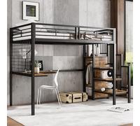 kozamas Lit mezzanine, 90 x 200 cm, multifonction, avec bureau, armoire, échelle de sécurité et test EN747, lit simple, noir foncé