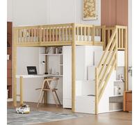 kozamas Lit mezzanine en bois, espace de rangement, armoire de bureau, escalier de sécurité, kit complet sans matelas, 90 x 200 cm, couleur bois blanc, chambre d'adolescent
