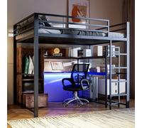 kozamas Lit mezzanine en métal - Espace de rangement de bureau - Grille de sécurité - Montage facile - Sans matelas - 140 x 200 cm - Blanc et noir - Pour adolescents et adultes