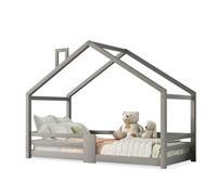 kozamas Lit pour enfant - 90 x 200 cm - Avec protection anti-chute - En bois massif - Design Montessori Tipi avec cheminée - Gris - Sans matelas