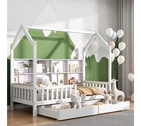kozamas Lit pour enfant 90 x 200 cm en bois avec bibliothèque, 2 tiroirs et compartiments de rangement, clôture de sécurité, sommier à lattes, blanc - Design scandinave pour petits espaces