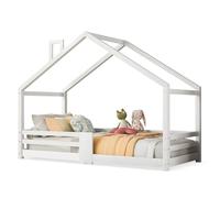 kozamas Lit pour enfant 90 x 200 cm - Lit de sol avec protection anti-chute en bois massif - Design Montessori Tipi avec cheminée - Blanc - Sans matelas