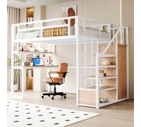 kozamas Lit superposé pour enfant 140 x 200 cm - Lit mezzanine avec espace de rangement intégré - Lit en métal solide avec design peu encombrant - Blanc