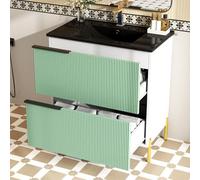kozamas Meuble de salle de bain autoportant, 81 cm, vert menthe, avec lavabo en céramique, armoire de salle de bain, avec tiroirs et pieds en métal doré