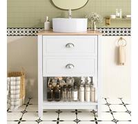 kozamas Meuble de salle de bain autoportant de 60 cm, avec bac rond en céramique et aspect bois, 2 tiroirs, blanc