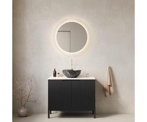 kozamas Meuble sous-vasque autoportant, 76 cm, avec lavabo en céramique et plaque de pierre frittée, double portes Soft-Close, meuble de salle de bain, moderne, noir et blanc, pour salle de bain