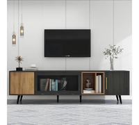 kozamas Meuble TV aspect bois gris avec porte en verre rabattable, 200 cm, pour TV jusqu'à 90", centre de divertissement moderne avec gestion des câbles, meuble bas avec 3 portes et compartiment