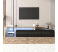 kozamas Meuble TV bas - 197,5 cm de large - Avec étagères en verre et éclairage LED - 7 couleurs - Aspect bois noir brillant - Meuble de salon