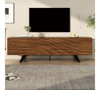 kozamas Meuble TV bas de 160 cm avec façade ondulée aspect noyer et pieds en fer noir. Meuble TV avec espace de rangement et gestion des câbles