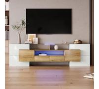kozamas Meuble TV bas de 200 cm de large avec 6 portes et 2 tiroirs - Meuble TV blanc brillant aspect verre avec éclairage LED multicolore pour téléviseur de 60 à 69 pouces